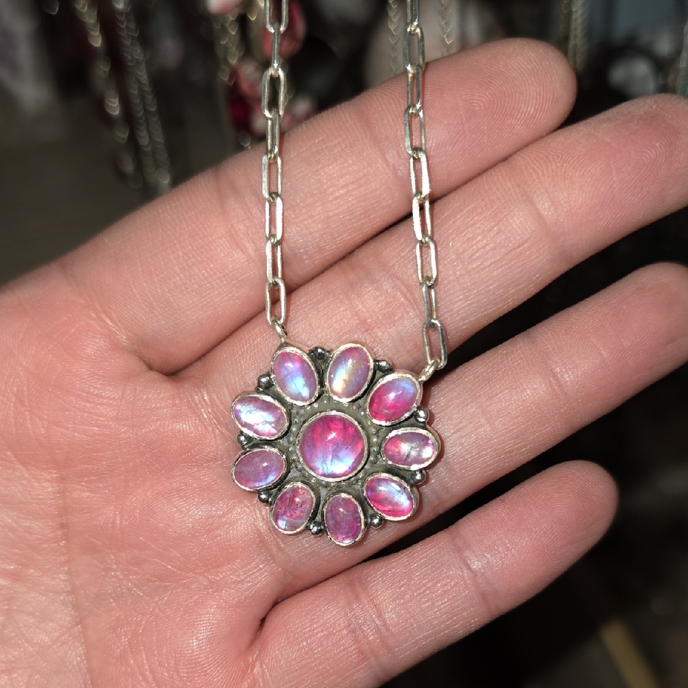 Pink Moonstone Floral Pendant Necklace